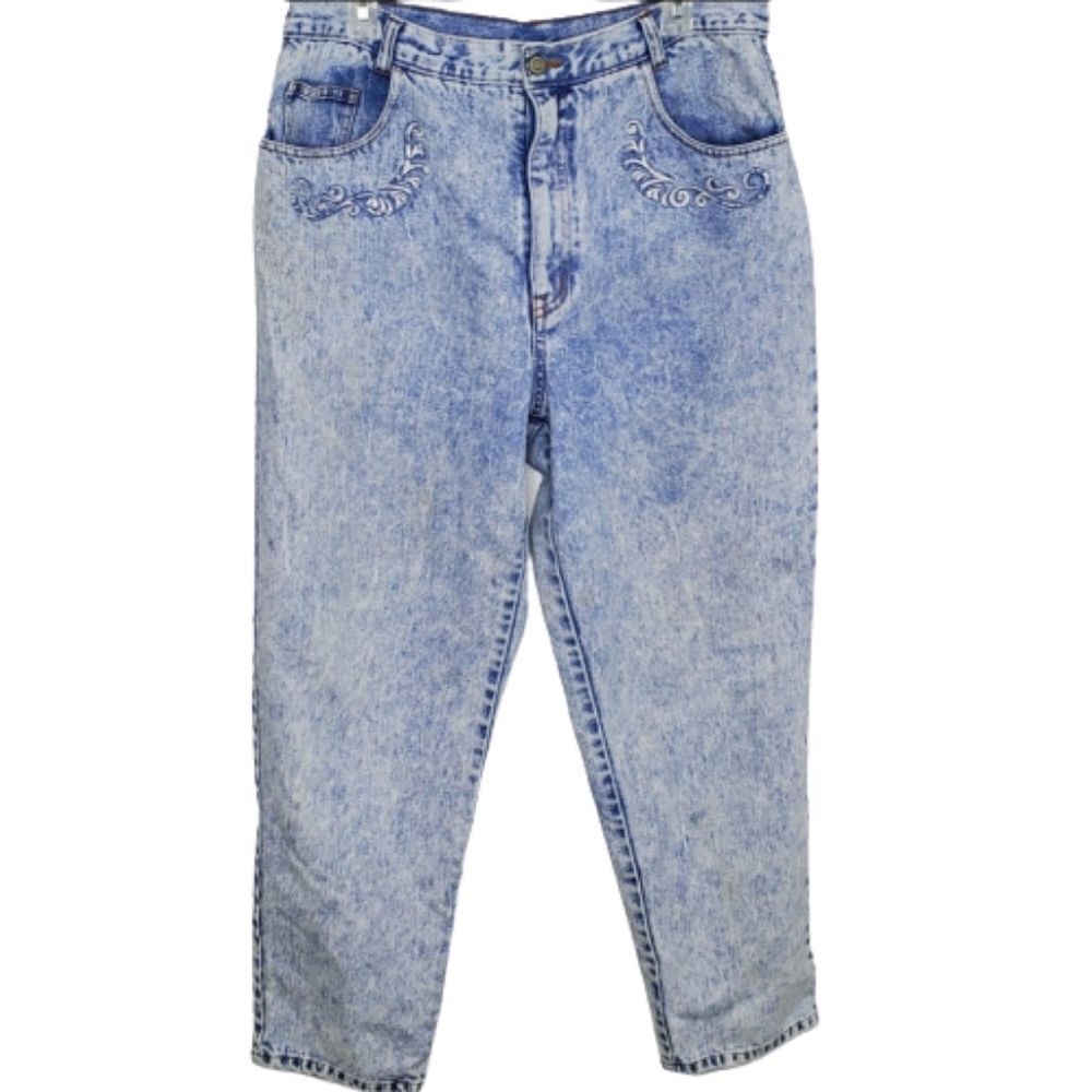 VINTAGE 80s Gitano embroidered high waist acid light wash mom‎ blue jean 16